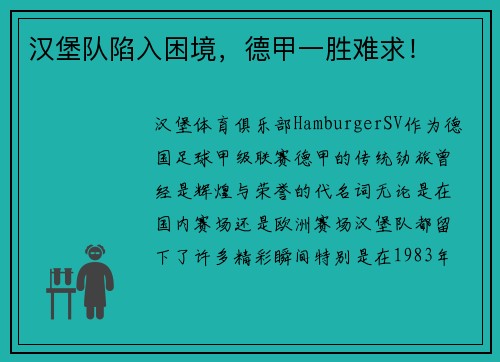 汉堡队陷入困境，德甲一胜难求！