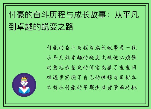 付豪的奋斗历程与成长故事：从平凡到卓越的蜕变之路